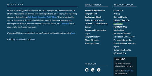 Guide on how to remove from Intelius: Intelius Footer with link to Do Not Sell or Share My Personal Information