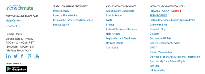 Instant Checkmate Website Footer